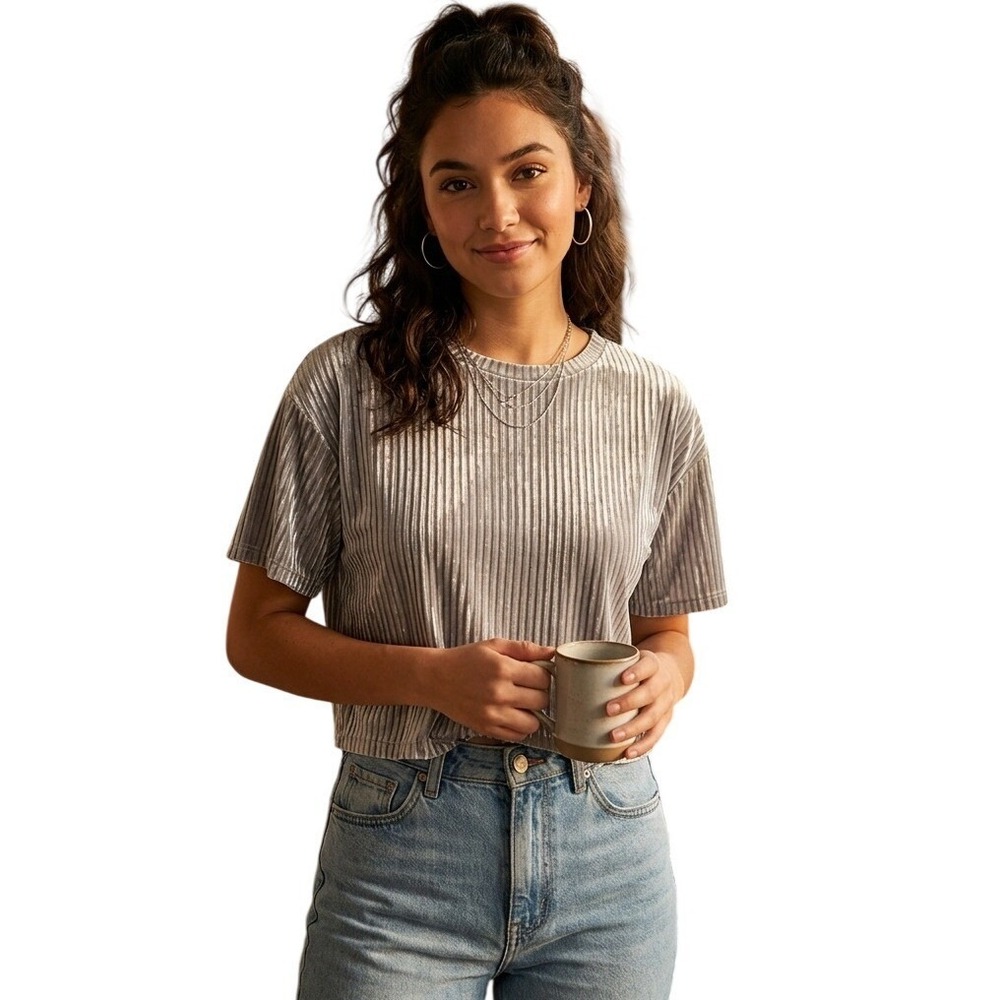 Forever 21 Gray Crushed Velvet Pleated Top Short Sleeve Sz S / EU 36 / UK 8 NWOT